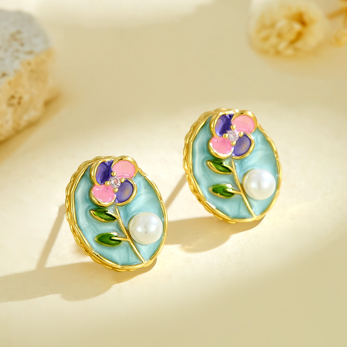 Vintage Oil Painting Flower Pearl Earrings Hot-Selling Elegant Evening Romantic Enamel Studs Fresh Versatile Earrings