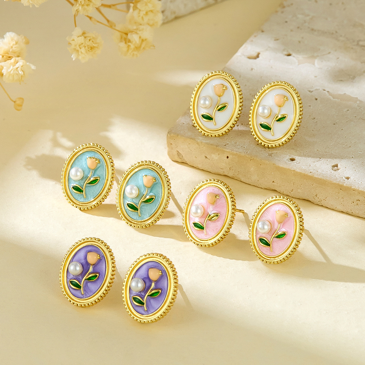 New Chinese Style Niche Design Oil Painting Style Earrings Pearl Flower Painted Enamel Studs Elegant Sweet Earrings Wholesale