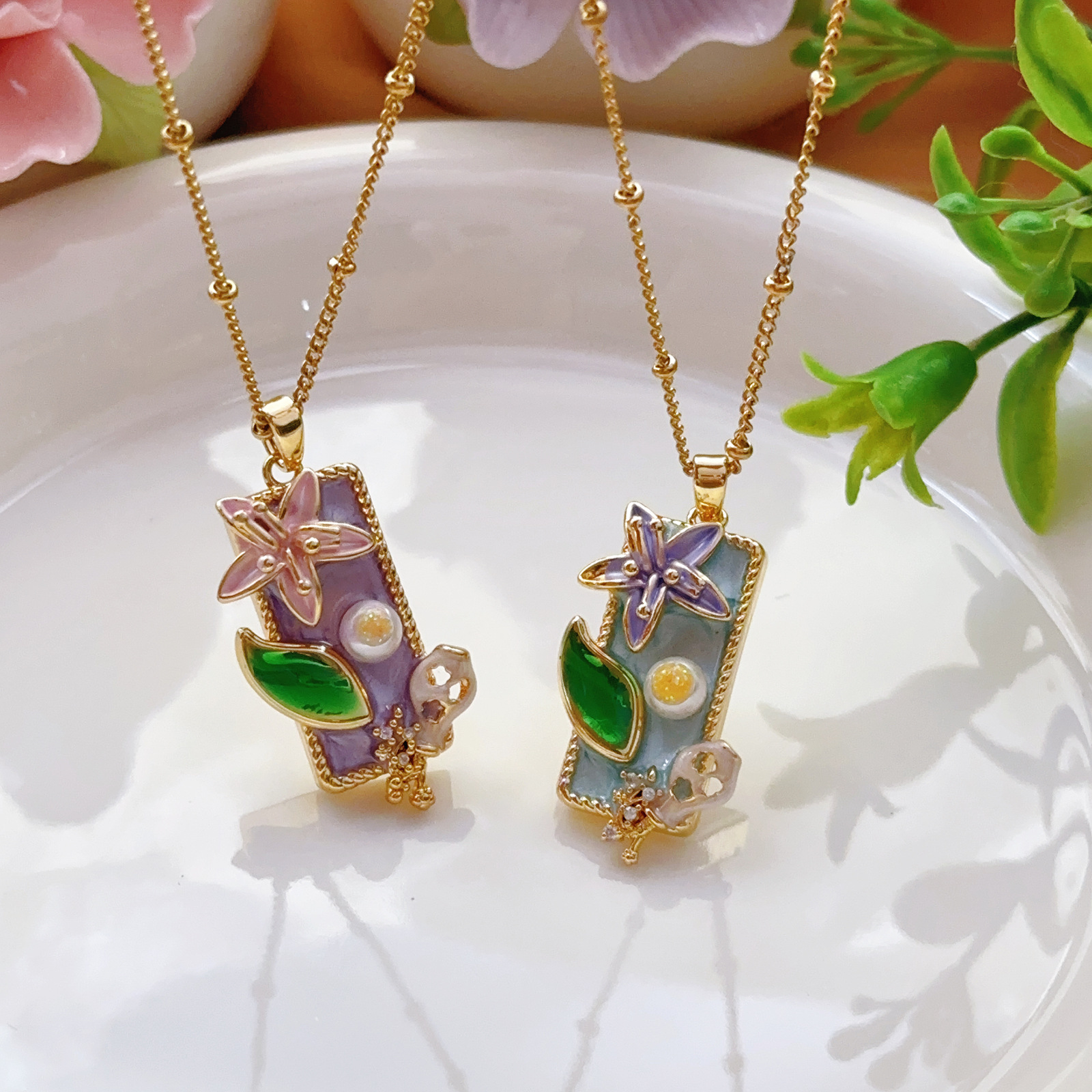 Purple Blue Flower Brand Vintage Oil Painting Style Titanium Steel Necklace Women Pendant DIY Handmade Baroque New Style