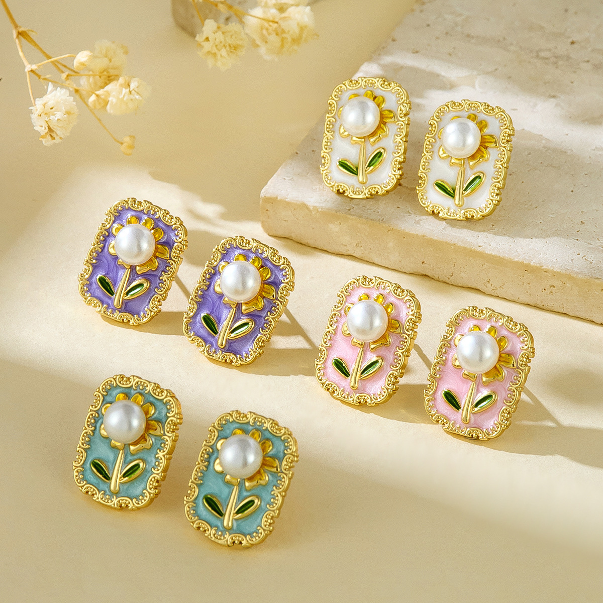 Light Luxury Retro Pearl Inlaid Sunflower Flower Earrings National Trend Painted Enamel Oil Drop Earrings Cross-Border Wholesale