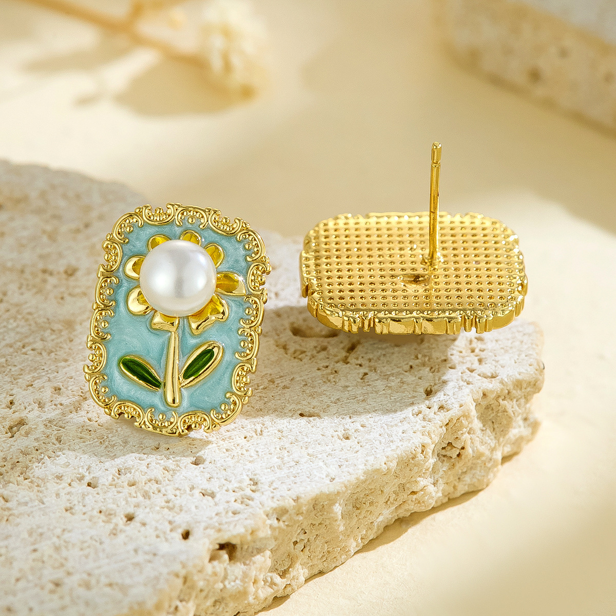 Light Luxury Retro Pearl Inlaid Sunflower Flower Earrings National Trend Painted Enamel Oil Drop Earrings Cross-Border Wholesale