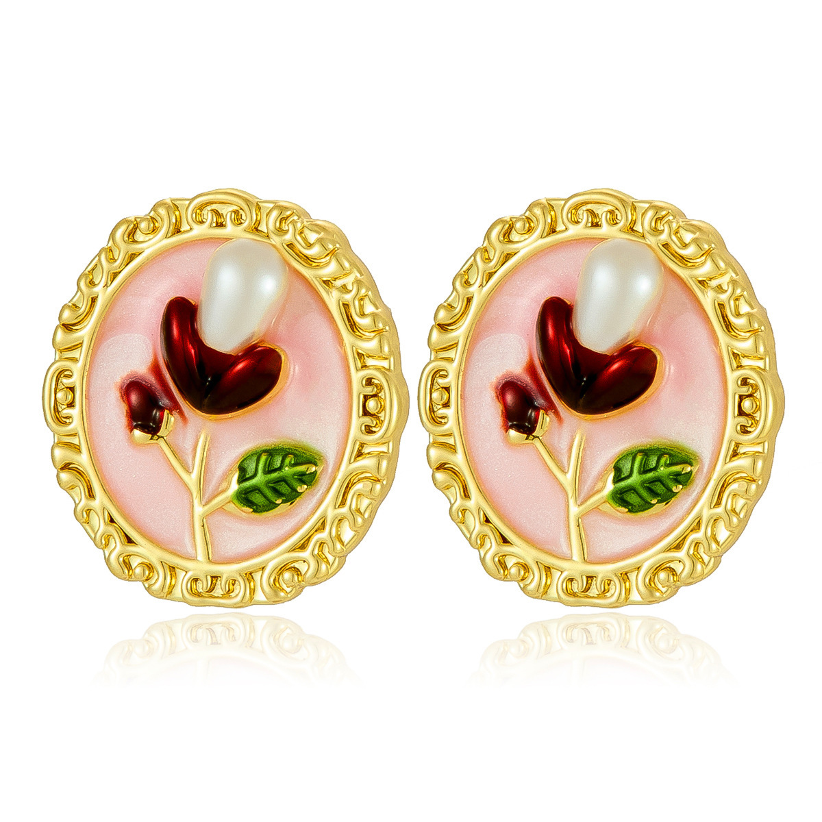 Vintage Oil Painting Style Fashion Versatile Pearl Painted Oil Drop Flower Earrings Sweet Style Niche Design Sense Earrings for Women