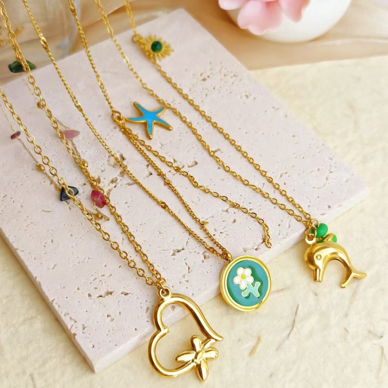 New Hot-Selling Women's Beach Starfish Oil Drop Flower Necklace Stainless Steel Gold Dolphin Collarbone Chain Non-Fading Versatile Jewelry