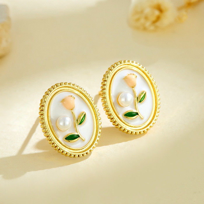 New Chinese Style Niche Design Oil Painting Style Earrings Pearl Flower Painted Enamel Studs Elegant Sweet Earrings W...