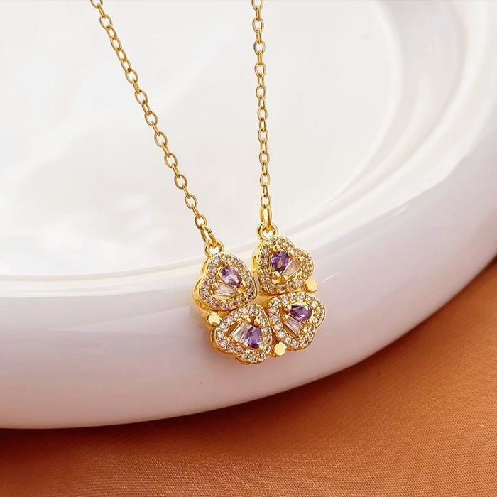 Women's Necklace New One Style for Dual-Wear Heart-to-Heart Open and Close Four-Leaf Flower Necklace Fashion Love Folding Clavicle Chain Wholesale