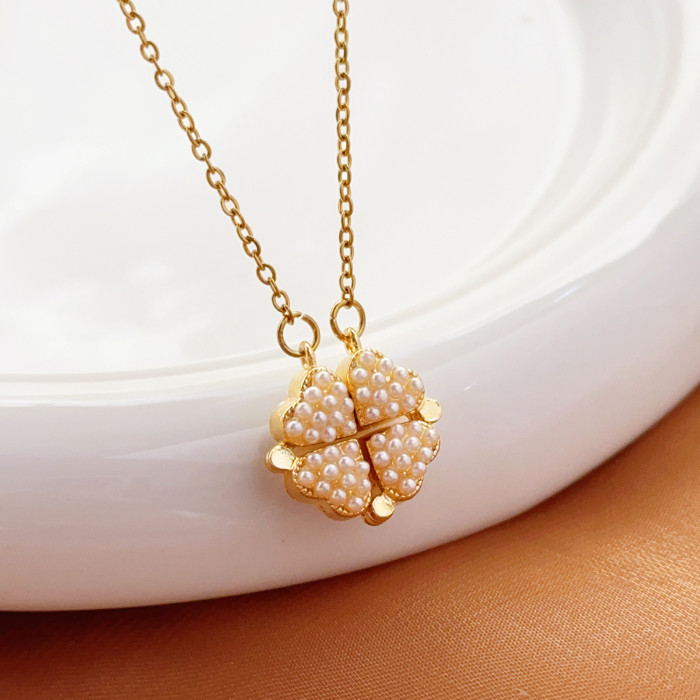 Women's Necklace New One Style for Dual-Wear Heart-to-Heart Open and Close Four-Leaf Flower Necklace Fashion Love Folding Clavicle Chain Wholesale