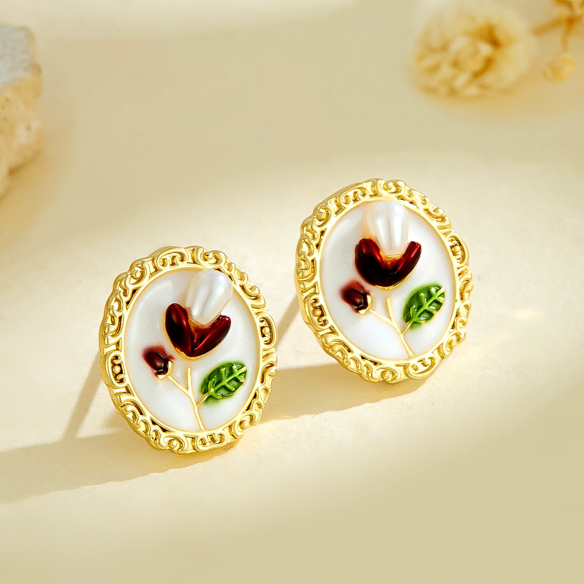 Vintage Oil Painting Style Fashion Versatile Pearl Painted Oil Drop Flower Earrings Sweet Style Niche Design Sense Earrings for Women