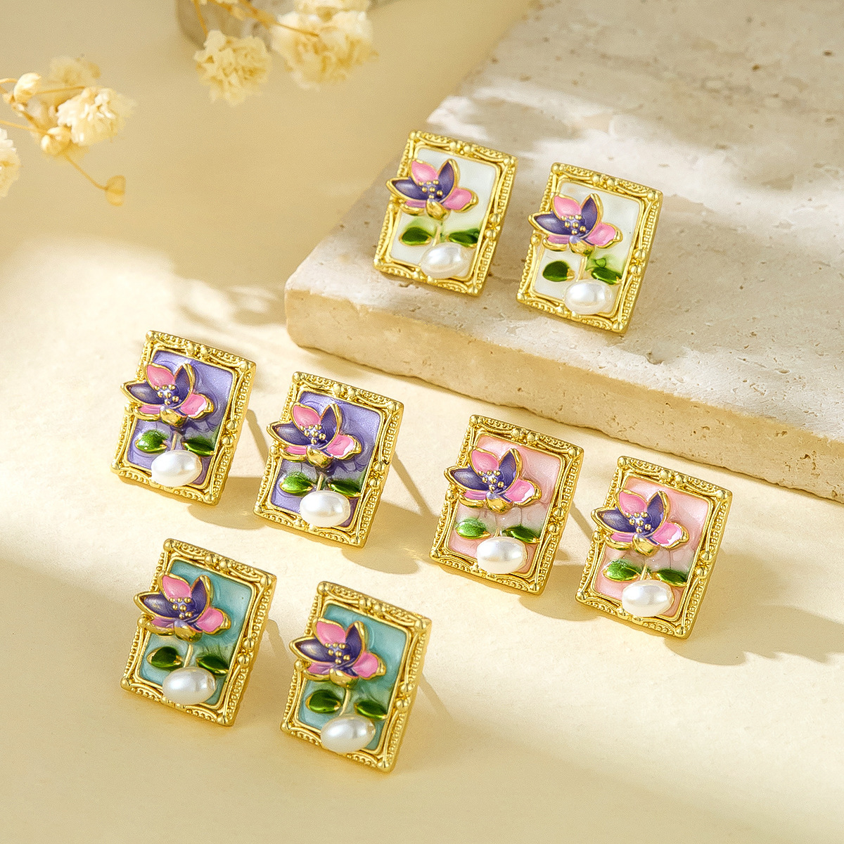 Monet Garden Vintage Style Natural Pearl Earrings European and American Retro High-end Goddess Temperament Oil Painting Style Earrings