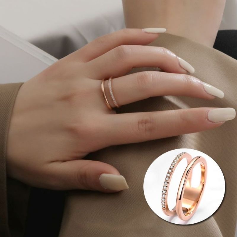 Fashion Titanium Steel Double Layer Zircon Ring for Women, Non-Fading, Light Luxury, Versatile, Stackable Ring, Cross-Border European and American Jewelry