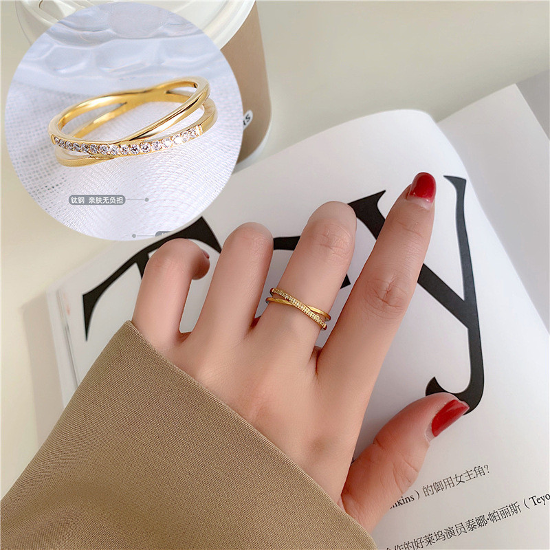 Cross-Border Hot-Selling Ring Cross Design Micro-Inlaid Line Index Finger Ring Fashion Style Titanium Steel Ring Light Luxury High-End Ring