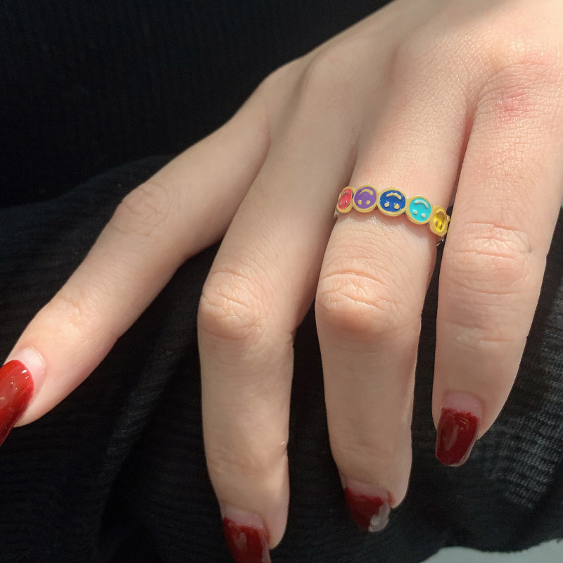 Fashion Versatile Color Glaze Design Smiley Face Open Ring Gold Personality Ring Cross-Border TikTok Hot Item Light Luxury Jewelry