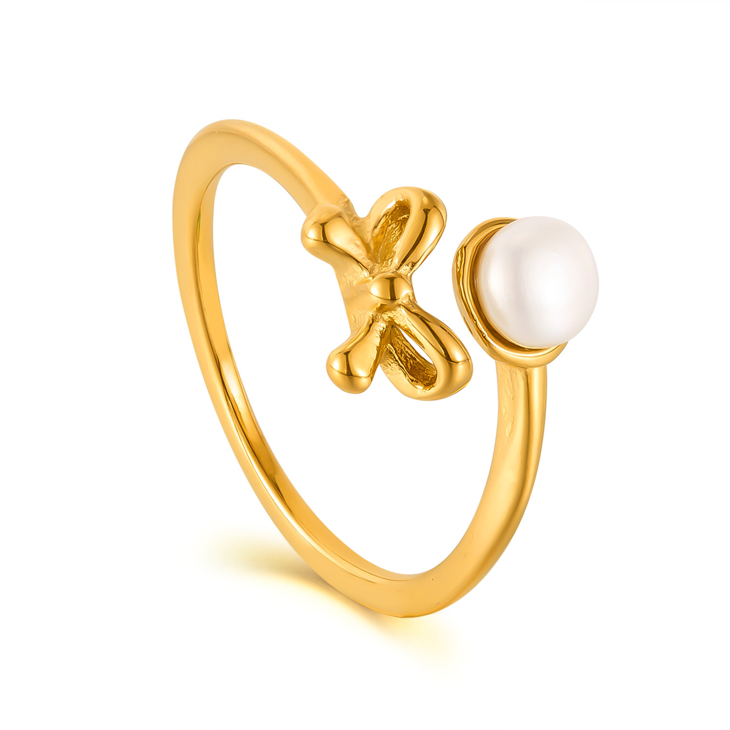 French Style Ring for Women Stainless Steel Niche Elegant Light Luxury Bowknot Pearl Open Titanium Steel Ring