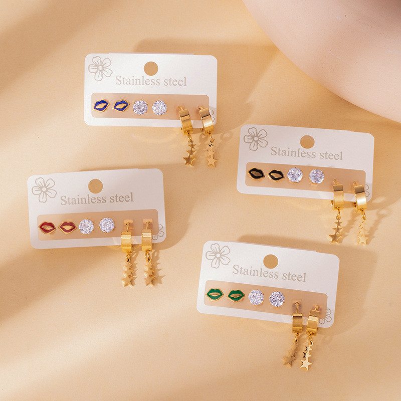 Summer Oil Drop Earrings Three Pairs Earring Set Zircon Stainless Steel Earrings Hollow Heart Earrings Delicate Small Earrings