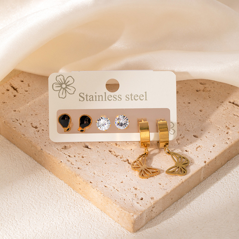 Summer Oil Drop Earrings Three Pairs Earring Set Zircon Stainless Steel Earrings Hollow Heart Earrings Delicate Small Earrings