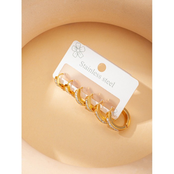 Cross-Border New Round Ring Inlaid Diamond Earrings Set Niche Temperament Versatile Stainless Steel Gold High-Value Manufacturer Wholesale