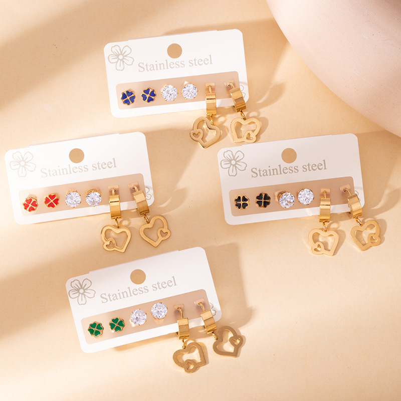 Summer Oil Drop Earrings Three Pairs Earring Set Zircon Stainless Steel Earrings Hollow Heart Earrings Delicate Small Earrings