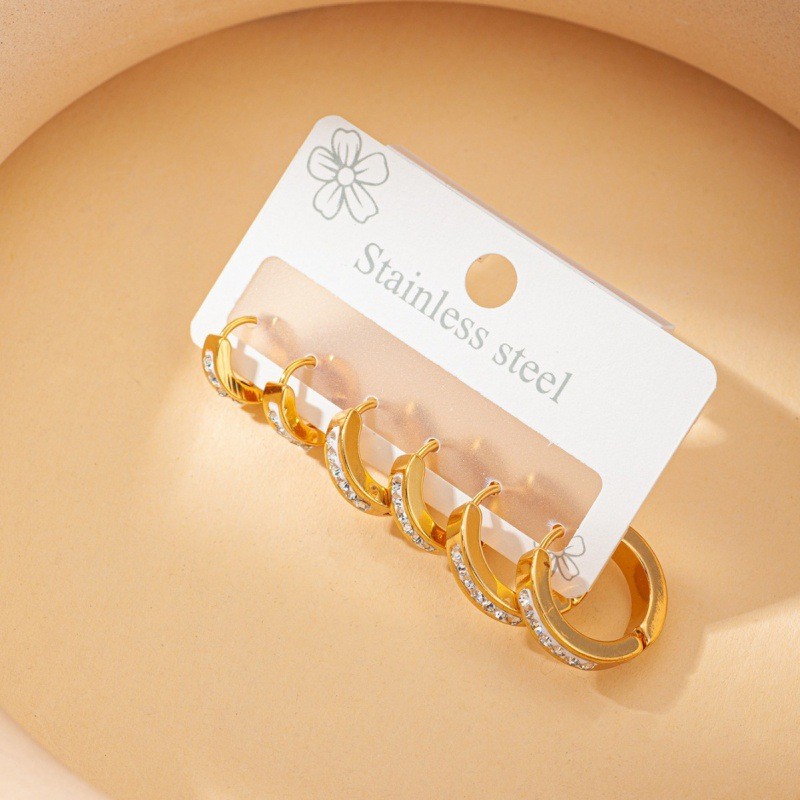 Cross-Border New Round Ring Inlaid Diamond Earrings Set Niche Temperament Versatile Stainless Steel Gold High-Value Manufacturer Wholesale