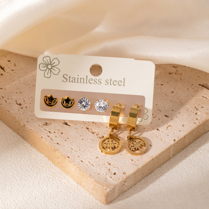 Summer Oil Drop Earrings Three Pairs Earring Set Zircon Stainless Steel Earrings Hollow Heart Earrings Delicate Small Earrings