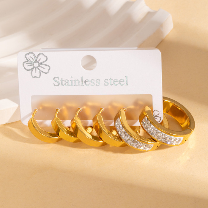 Cross-Border New Round Ring Inlaid Diamond Earrings Set Niche Temperament Versatile Stainless Steel Gold High-Value Manufacturer Wholesale