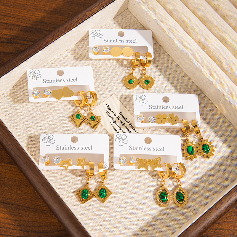 Titanium Steel Earrings Set Malachite Zircon Star Heart Clover Studs High-end Earrings Stainless Steel Ear Jewelry