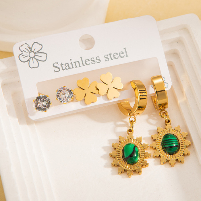 Titanium Steel Earrings Set Malachite Zircon Star Heart Clover Studs High-end Earrings Stainless Steel Ear Jewelry