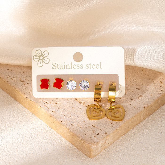 Summer Oil Drop Earrings Three Pairs Earring Set Zircon Stainless Steel Earrings Hollow Heart Earrings Delicate Small Earrings