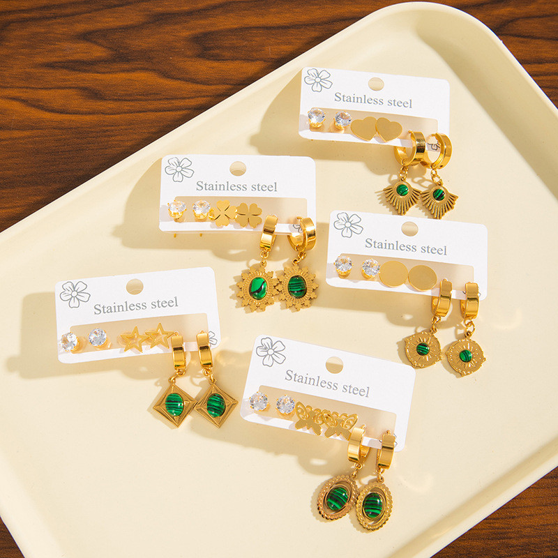 Titanium Steel Earrings Set Malachite Zircon Star Heart Clover Studs High-end Earrings Stainless Steel Ear Jewelry