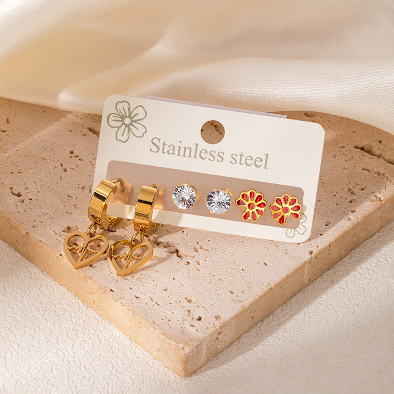 Summer Oil Drop Earrings Three Pairs Earring Set Zircon Stainless Steel Earrings Hollow Heart Earrings Delicate Small Earrings