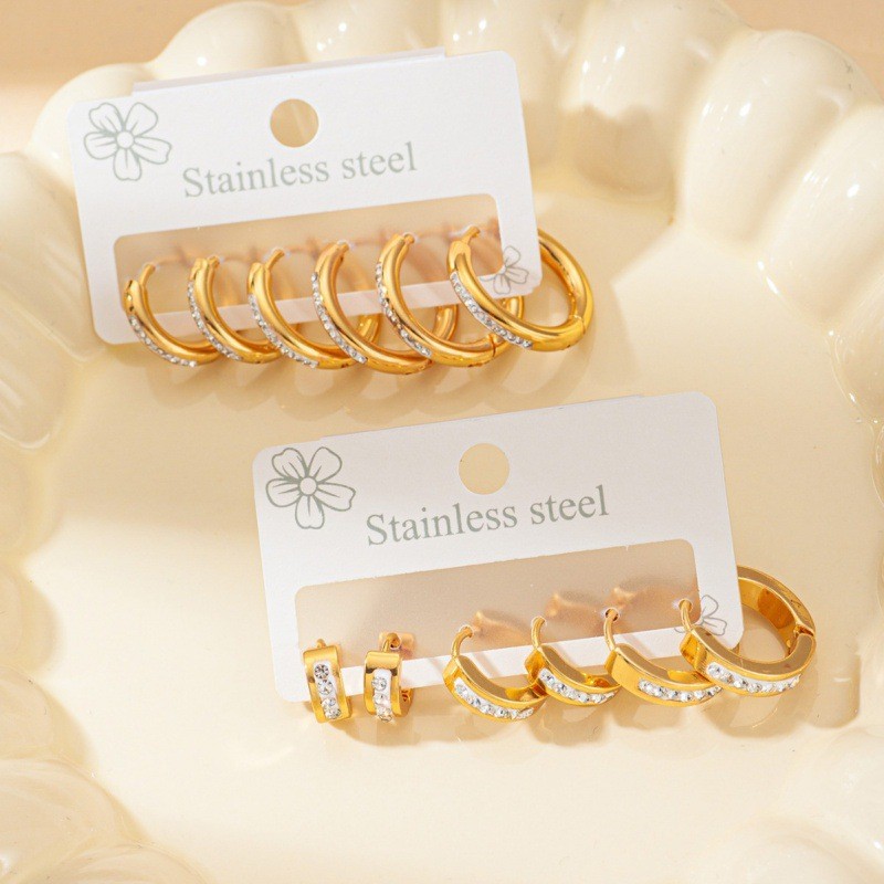 Cross-Border New Round Ring Inlaid Diamond Earrings Set Niche Temperament Versatile Stainless Steel Gold High-Value Manufacturer Wholesale