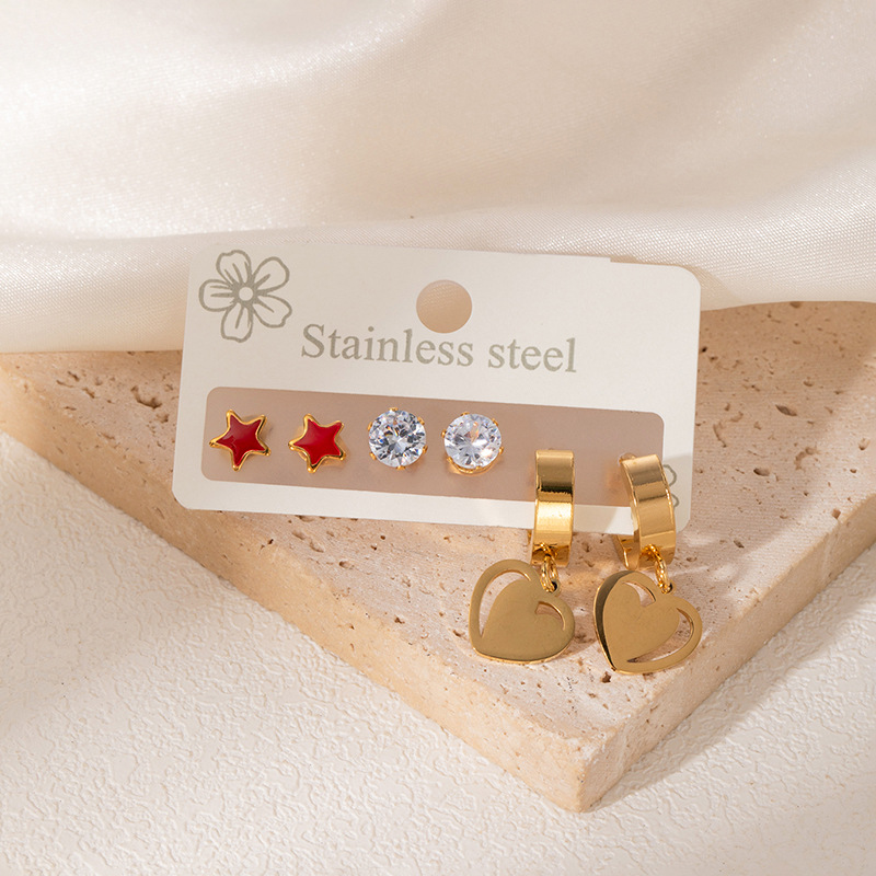 Summer Oil Drop Earrings Three Pairs Earring Set Zircon Stainless Steel Earrings Hollow Heart Earrings Delicate Small Earrings