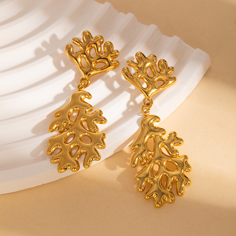 Cross-Border Style Earrings Stainless Steel Exaggerated Large Earrings Gold Heart Round Earrings Non-Fading Earrings Leaf Stud Earrings