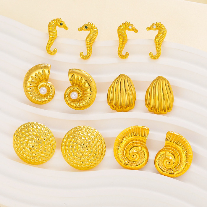 Retro Exaggerated Gold Stainless Steel Earrings Shell Conch Vacation Style Pearl High-End Earrings for Women