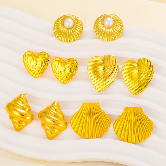 Retro Exaggerated Gold Stainless Steel Earrings Shell Conch Vacation Style Pearl High-End Earrings for Women