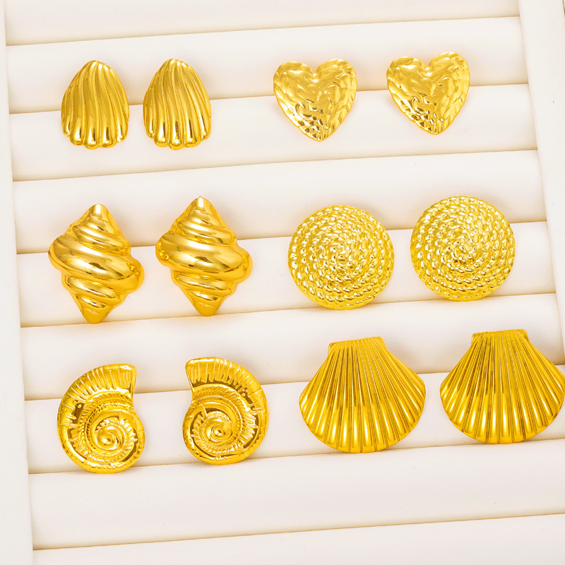 Cross-Border Retro Exaggerated Gold Stainless Steel Earrings Shell Conch Vacation Style Pearl High-End Earrings for Women