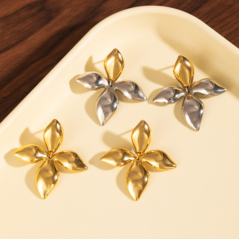 Cross-Border Style Earrings Stainless Steel Exaggerated Large Earrings Gold Heart Round Earrings Non-Fading Earrings Leaf Stud Earrings