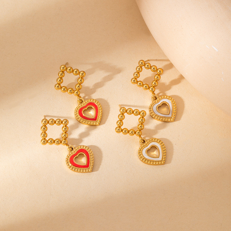 French Style Stainless Steel Earrings Round Steel Beads Heart Pendant Non-Fading Earrings Acrylic Light Luxury Vintage Earrings