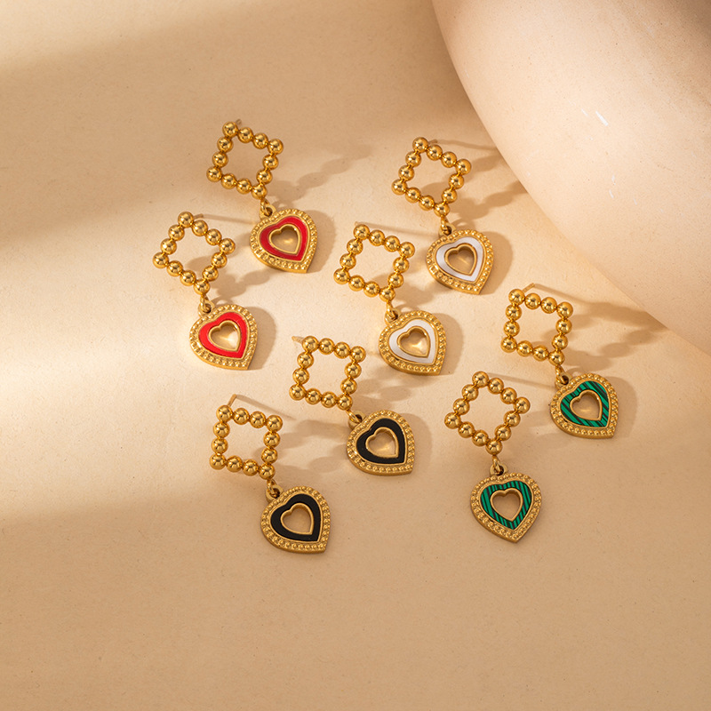 French Style Stainless Steel Earrings Round Steel Beads Heart Pendant Non-Fading Earrings Acrylic Light Luxury Vintage Earrings