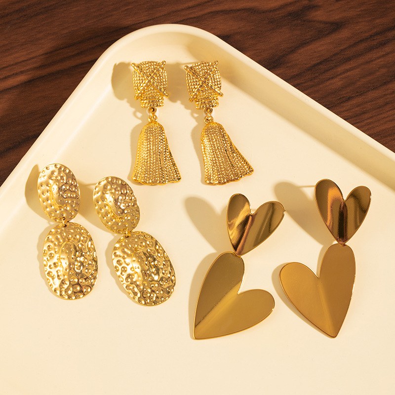Cross-Border Style Earrings Stainless Steel Exaggerated Large Earrings Gold Heart Round Earrings Non-Fading Earrings Leaf Stud Earrings