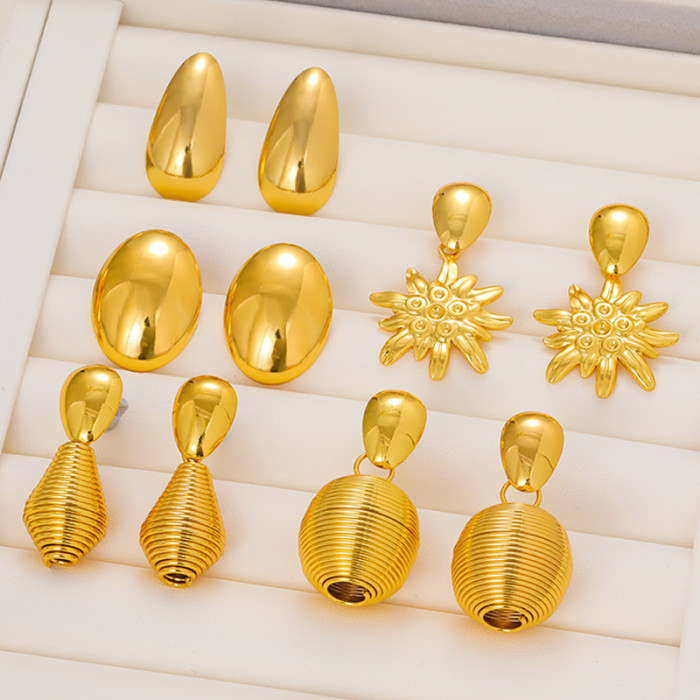 Spherical Stainless Steel Earrings Gold Plated Flower Ear Jewelry Smooth Oval Ear Jewelry Melon Seed Earrings Spheric...