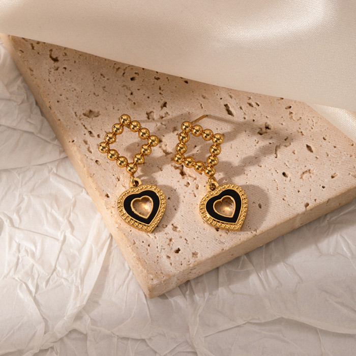 French Style Stainless Steel Earrings Round Steel Beads Heart Pendant Non-Fading Earrings Acrylic Light Luxury Vintag...