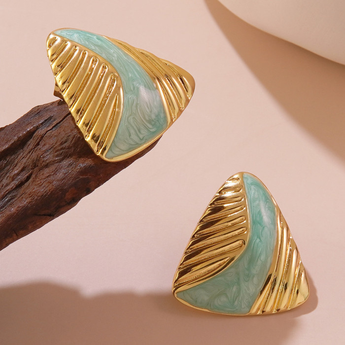 Titanium Steel Earrings Oil Drop Real Gold Plating Vintage Triangle Texture Handmade Enamel French Elegant Stainless...