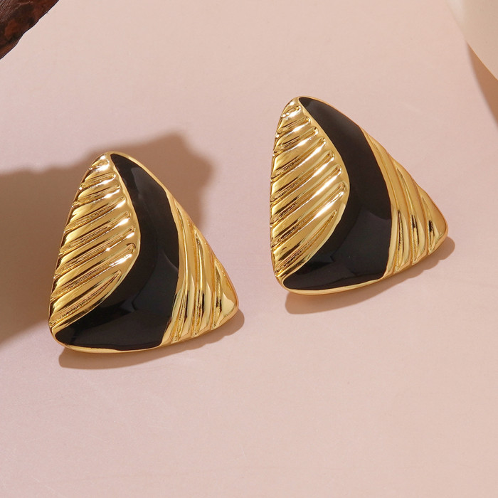 Titanium Steel Earrings Oil Drop Real Gold Plating Vintage Triangle Texture Handmade Enamel French Elegant Stainless...