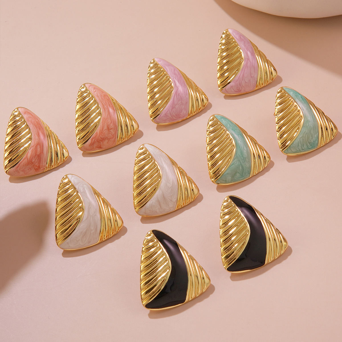 Titanium Steel Earrings Oil Drop Real Gold Plating Vintage Triangle Texture Handmade Enamel French Elegant Stainless Steel Stud Earrings