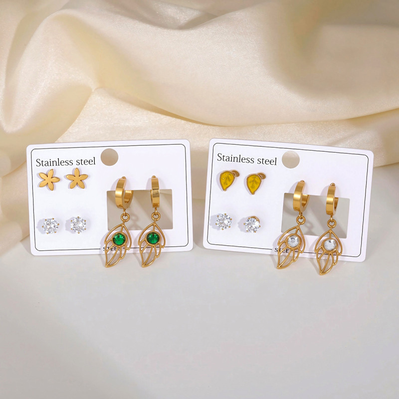 Titanium Steel Earrings Light Luxury High-end Feel Stainless Steel Stud Earrings Niche Earrings with Inlaid Diamonds Heart Oil Drop Four-leaf Clover Earrings for Women