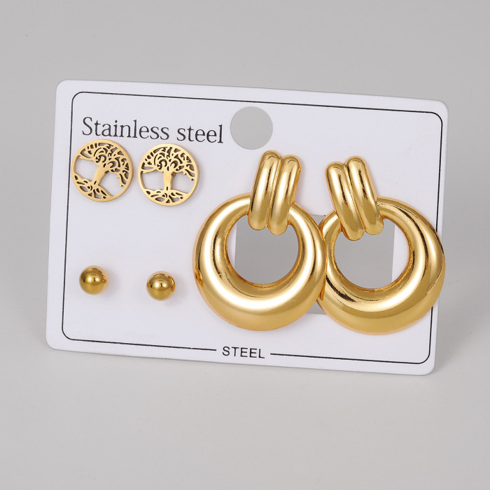 European and American Titanium Steel Earrings Set Bowknot Star Gold-plated Stud Earrings with Rhinestones Light Luxury High-end Feel Stainless Steel Earrings for Women