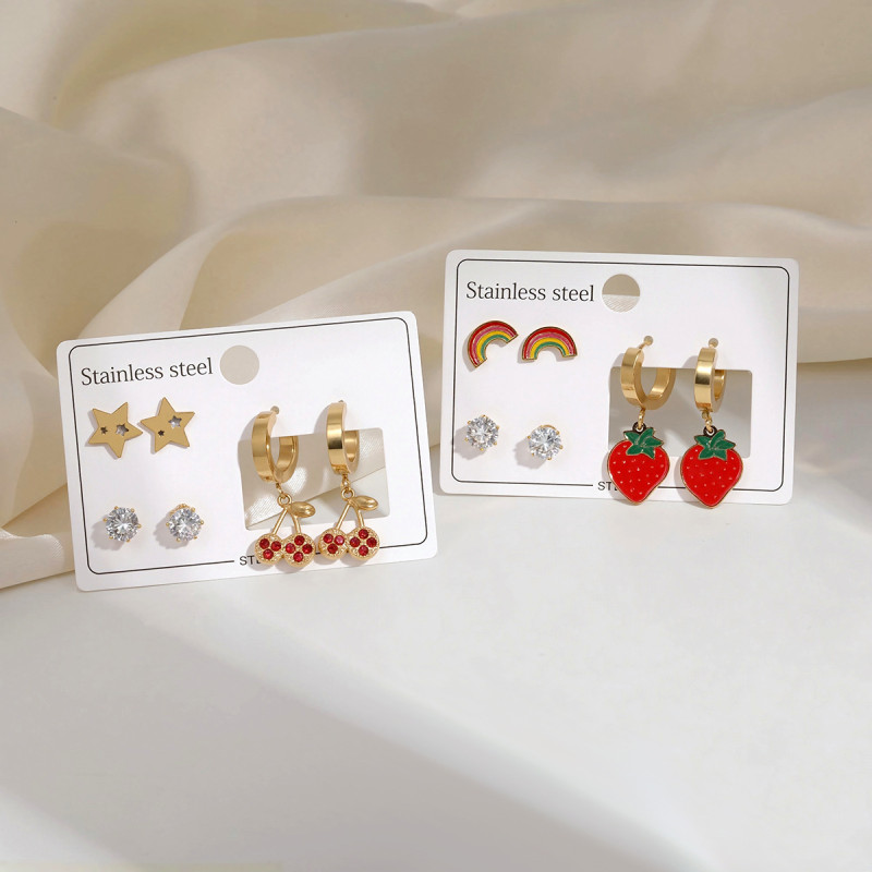 European and American Stainless Steel Earrings Special-Interest Design Suit Dripping Strawberry Cherry Diamond Embedded Star Ear Studs Titanium Steel Earrings Women