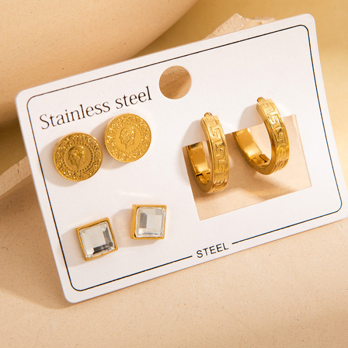 New Stainless Steel Earring Set Three-Dimensional Butterfly Earrings Roman Numeral Earrings Gold-Plated Zircon Heart Earrings for Women