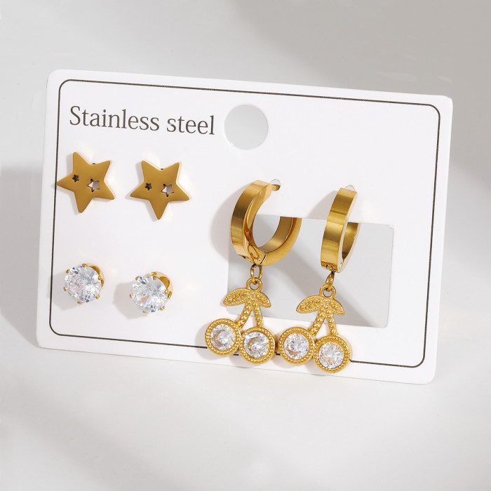 European and American Stainless Steel Earrings Special-Interest Design Suit Dripping Strawberry Cherry Diamond Embedded Star Ear Studs Titanium Steel Earrings Women