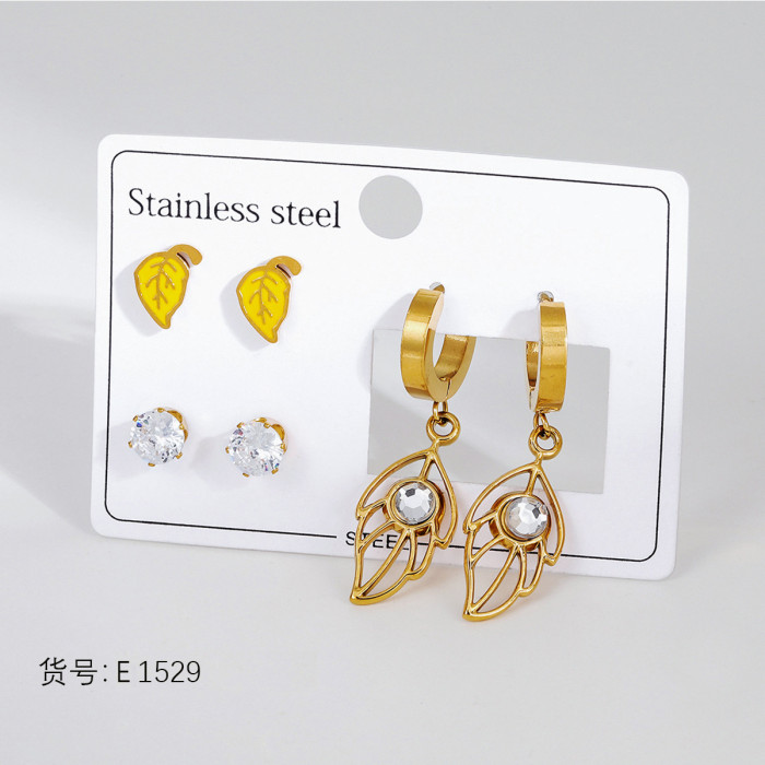 Titanium Steel Earrings Light Luxury High-end Feel Stainless Steel Stud Earrings Niche Earrings with Inlaid Diamonds Heart Oil Drop Four-leaf Clover Earrings for Women