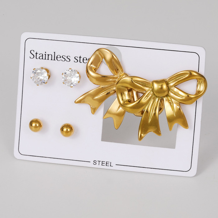 European and American Titanium Steel Earrings Set Bowknot Star Gold-plated Stud Earrings with Rhinestones Light Luxury High-end Feel Stainless Steel Earrings for Women
